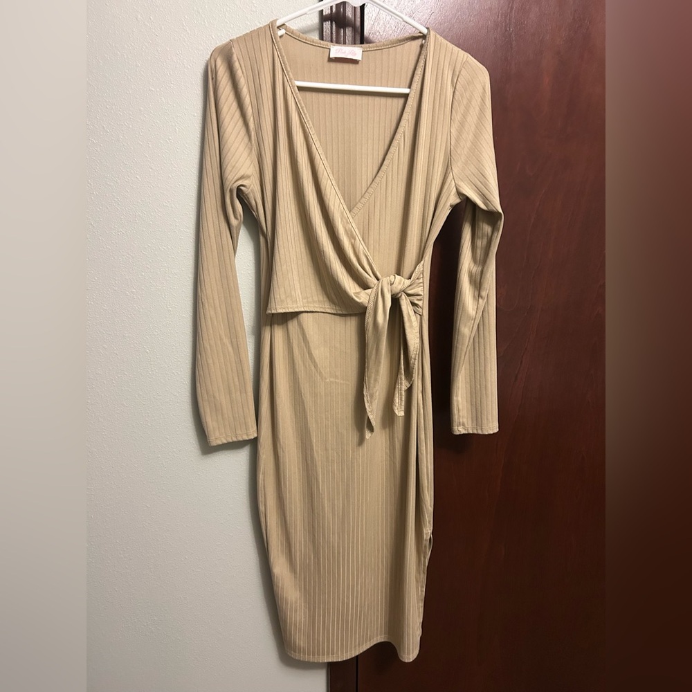 Pink Lily Beige Long Sleeve Wrap Dress